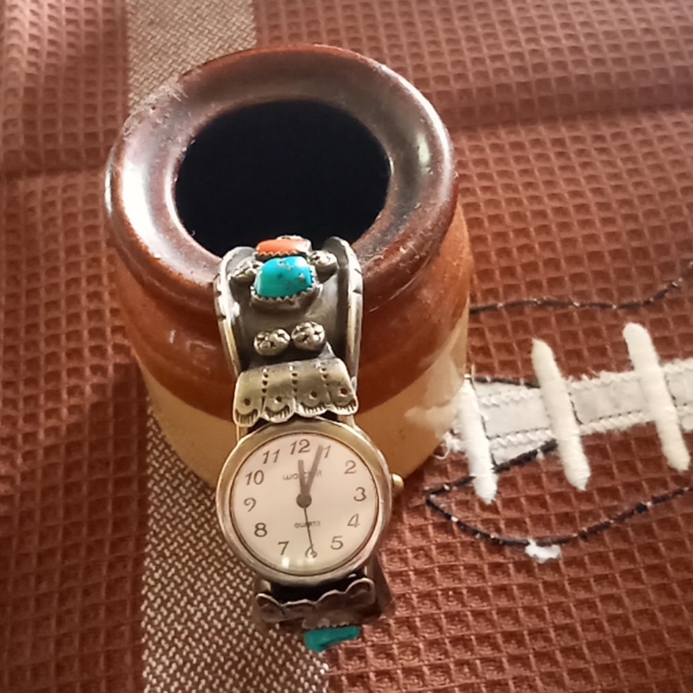 Watch  cuff...vintage turquoise, coral ,sterling silver...Navajo handmade✌❤😀